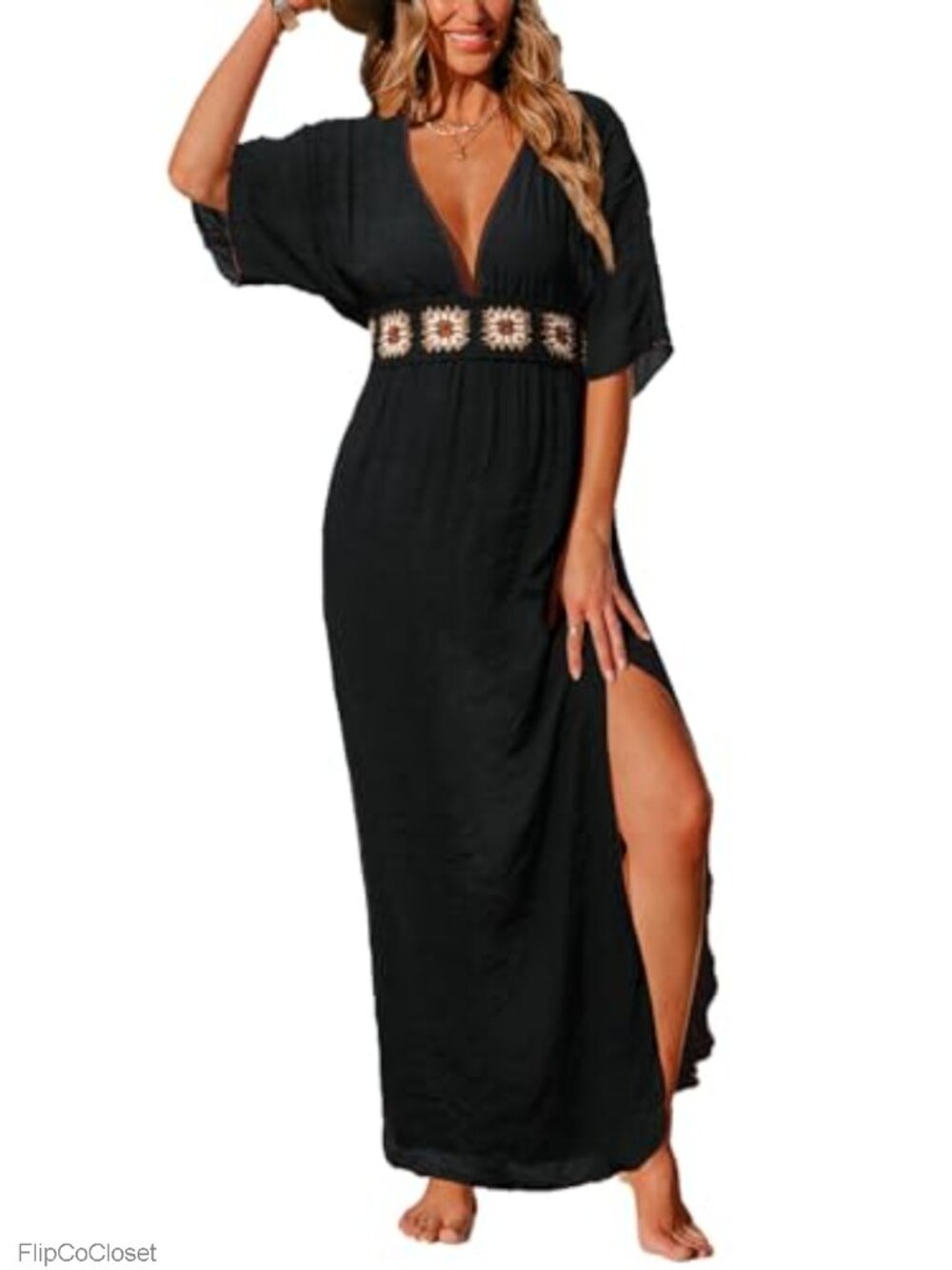 Maxi Beach Cover-Up V-Neck Half Sleeve Side Slit Crochet Panel